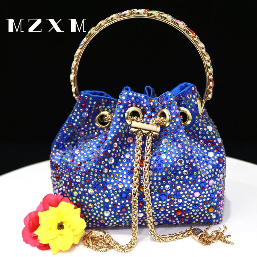 Bucket Wallet Evening Bag for Women Party and Evening Bags with Crystal Rhinestone for Party Wedding Prom Dress Chain Bag Blue 15x9x13cm