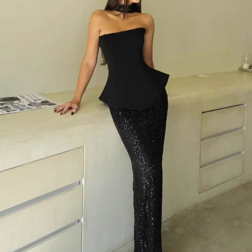 2025 Elegant Women's Light Luxury Dress+Strapless Sleeveless Bodycon Patchwork Long Dress Cocktail Evening Party Vestidos