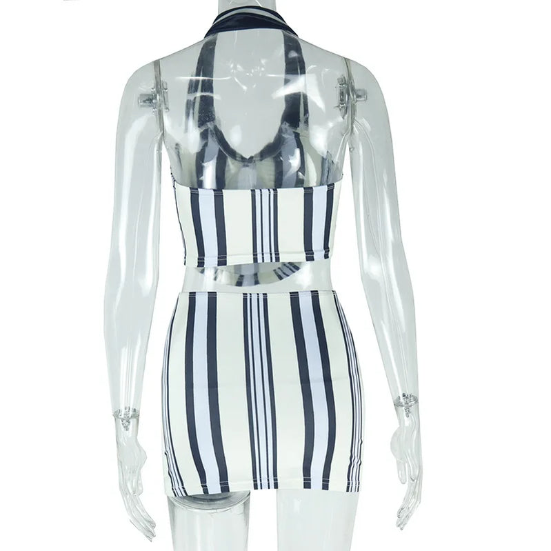 CM.YAYA Fashion Sporty Women's Set Mini Skirt and Sleeveless Striped Top Autumn Street Sext Girl Two 2 Piece Dress Sets Outfits