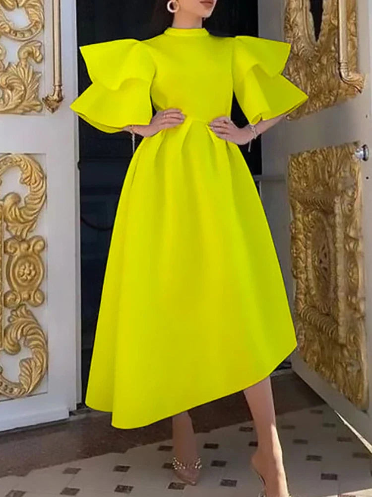 Summer Dress Women Solid Color Lotus SleeveRound Neck High Waist Irregularity Women Clothing Fashion Elegance White dress