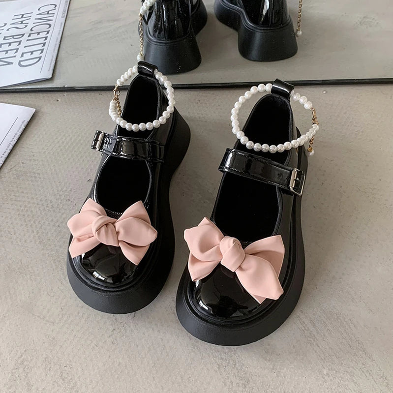 Autumn Girl Elegant Single Shoes Ribbon Bow Sweet Children Princess Shoes Fairy Kids Leather Shoe School Black Mary Janes