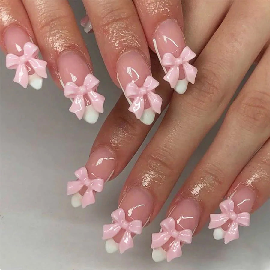 Pink French Style Fake Nails Almond Ballerina Press on Nails 3D Bowknot Designs Nude Color Stick-on False Nails Tips 24Pcs