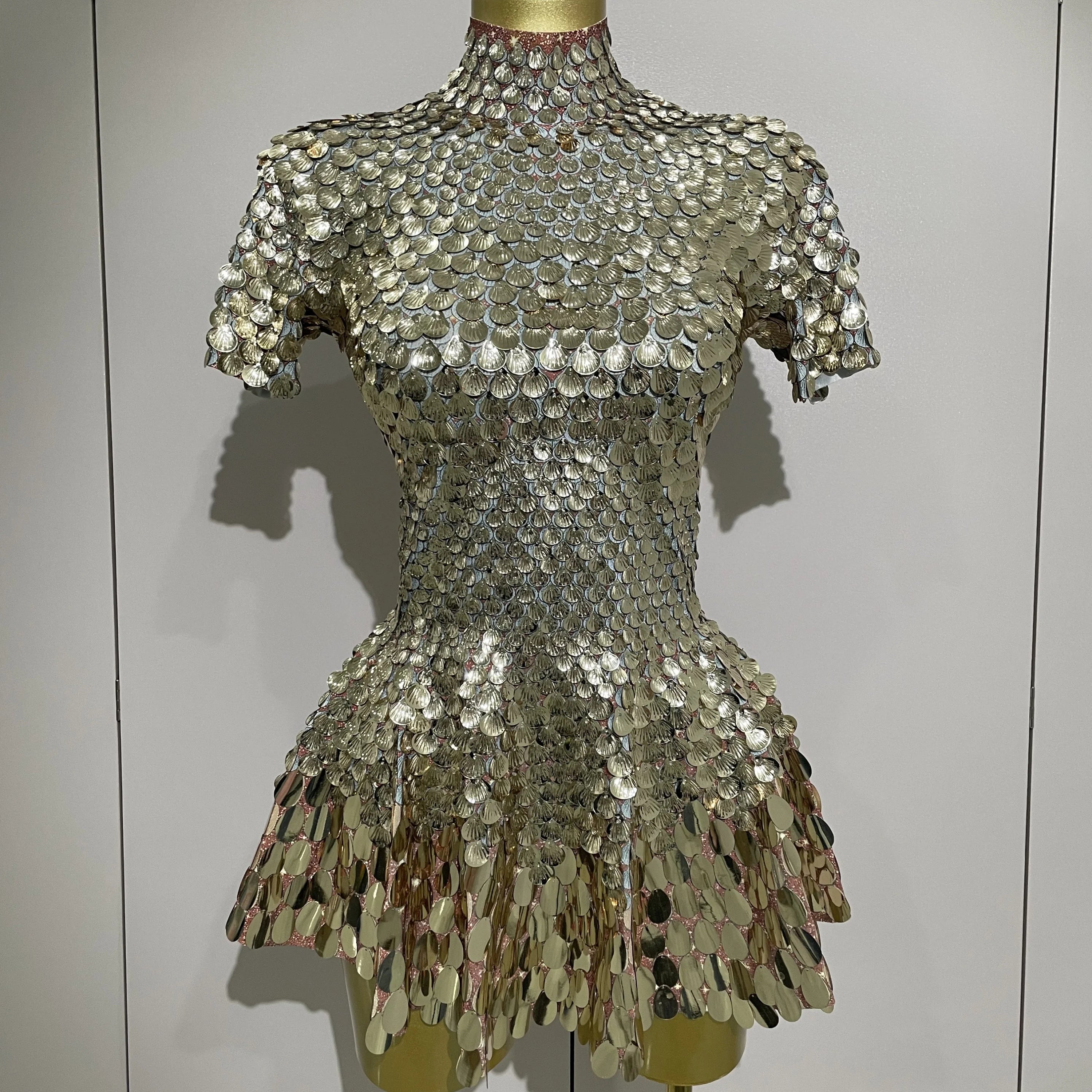 Luxury High Quality Shiny Shell Sequins Bodysuit Dress Women Sexy Nightclub Dance Performance Clothing Birthday party Dresses