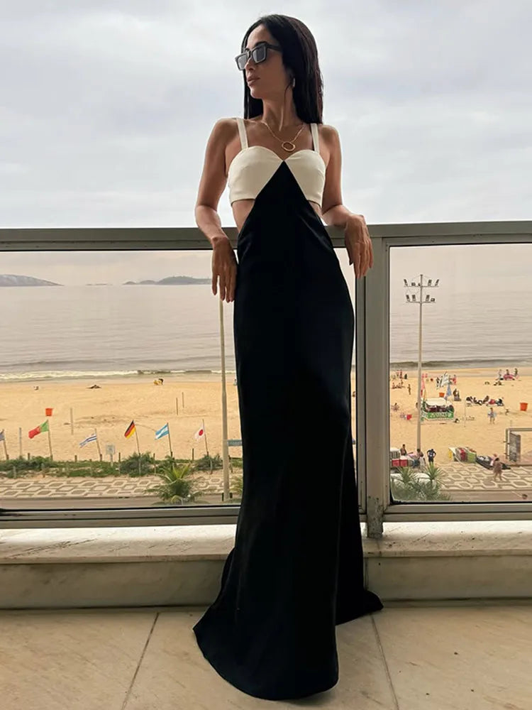 Elegant Lady Contrast Hollow Out Slim Long Dress Fashion Sleeveless Bodycon Maxi Robes Summer 2025 Party Vacation Women Dresses