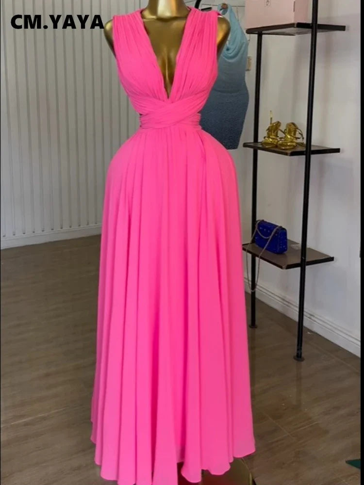 CM.YAYA Women Sleeveless Cutout Back Wrap V-neck Pleated A-line Chiffon Maxi Long Dress Birthday Vacation Sexy Party Dresses