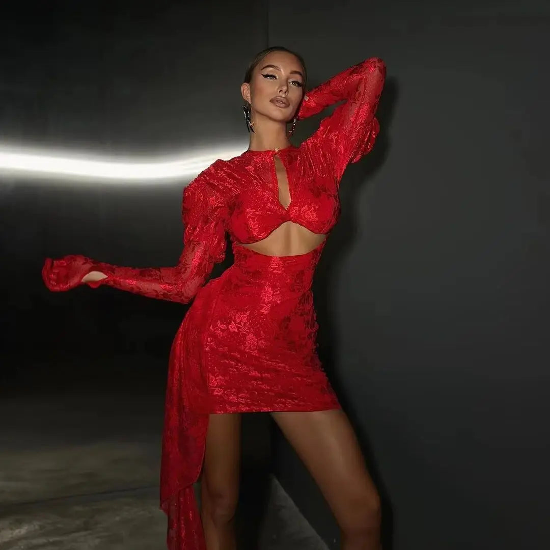 2024 New Sexy Hollow Out Long Hemline Lace Evening Dress Fashion Woman Birthday Party Vestido Celebrity Evening Party Outfit