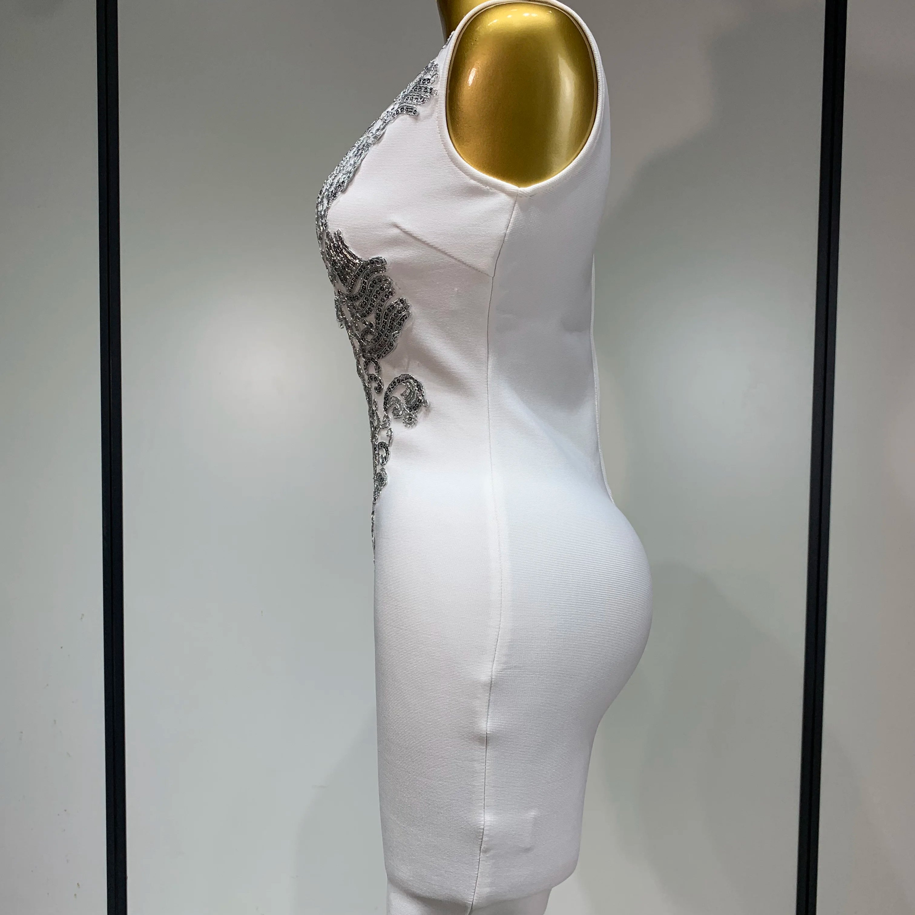 Women 2025 Sexy V Neck Cut Out Short Bandage Dress Silver Sequin White Elegant Luxury Birthday Party Club Wedding Vestidos