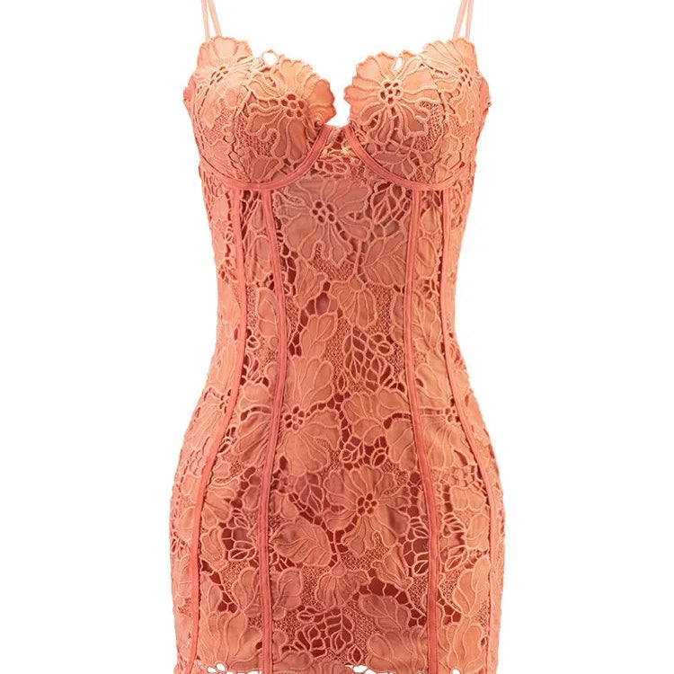 Orange Color Women Sleeveless Sexy Strap Square Collar Bodycon Mini Lace Dress Celebrate Girls' Birthday Party Cocktail Dress