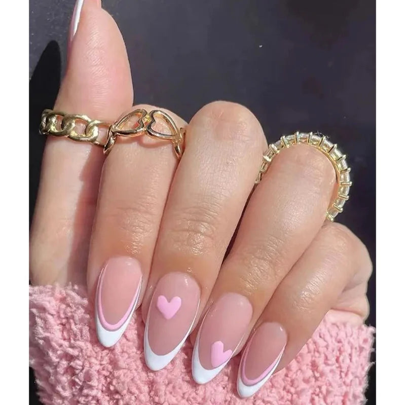 24Pcs Mid-length Almond False Nails Pink Smudge Cat's Eye Press on Fake Nails Rhinestone Heart Detachable Full Cover Nails Tips