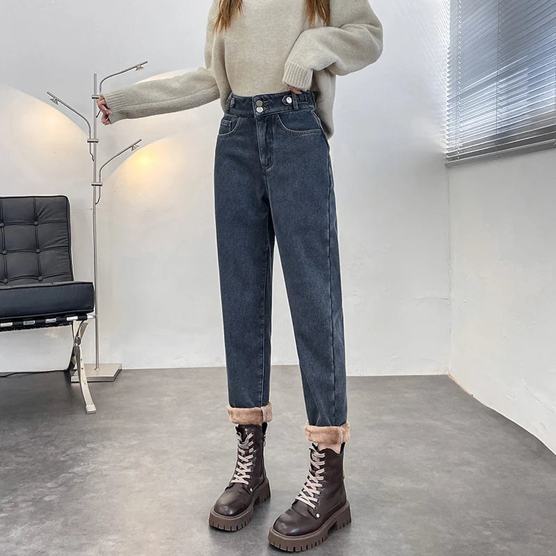 Women Winter Velvet Jeans Fleece Loose Harlan Pants Fleece Soft Comfortable Boyfriend Jeans Denim Blue Cropped Pants Blue Gray