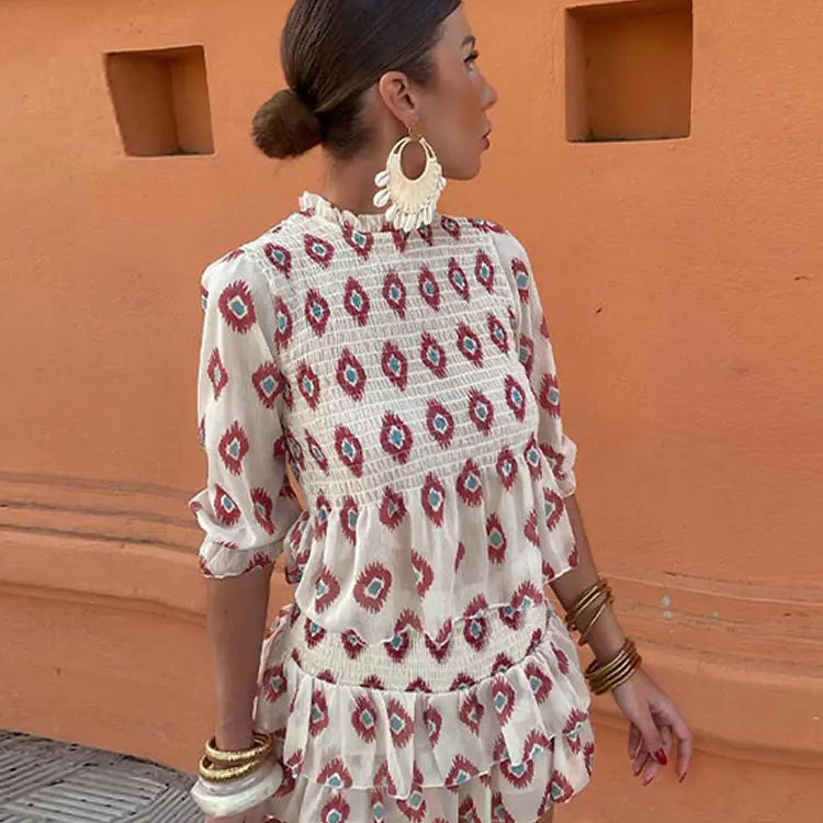 Woman Casual Printed Slim Shirt Short Skirt 2 Piece Set Puff Half Sleeve T-shirt High Waist Pleated Mini Dress Suit Outfit as picture