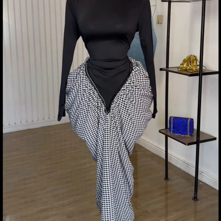CM.YAYA Women Houndstooth Stacked Ruched Side Long Sleeve Bodycon Midi Maxi Long Dress 2025 Birthday Vacation Sexy Party Dresses