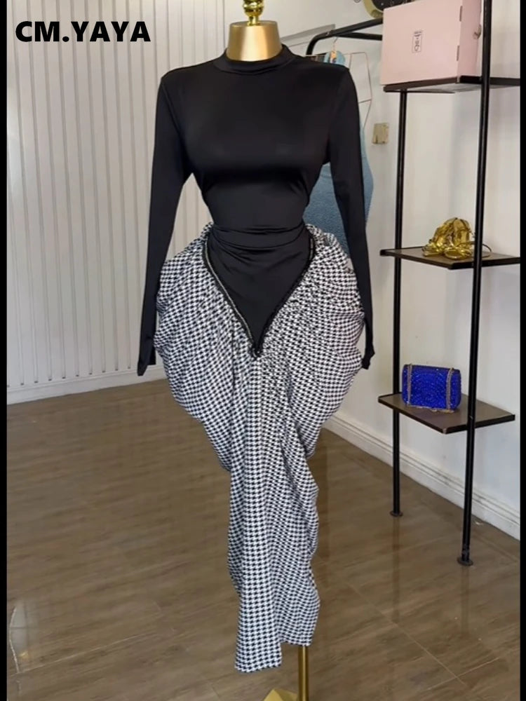 CM.YAYA Women Houndstooth Stacked Ruched Side Long Sleeve Bodycon Midi Maxi Long Dress 2025 Birthday Vacation Sexy Party Dresses