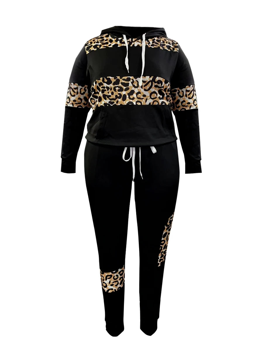 LW Plus Size Hooded Collar Leopard Print Tracksuit Set Drawstring Long Sleeve Hoodie & Pocket Design Pants Two-Pieces Set