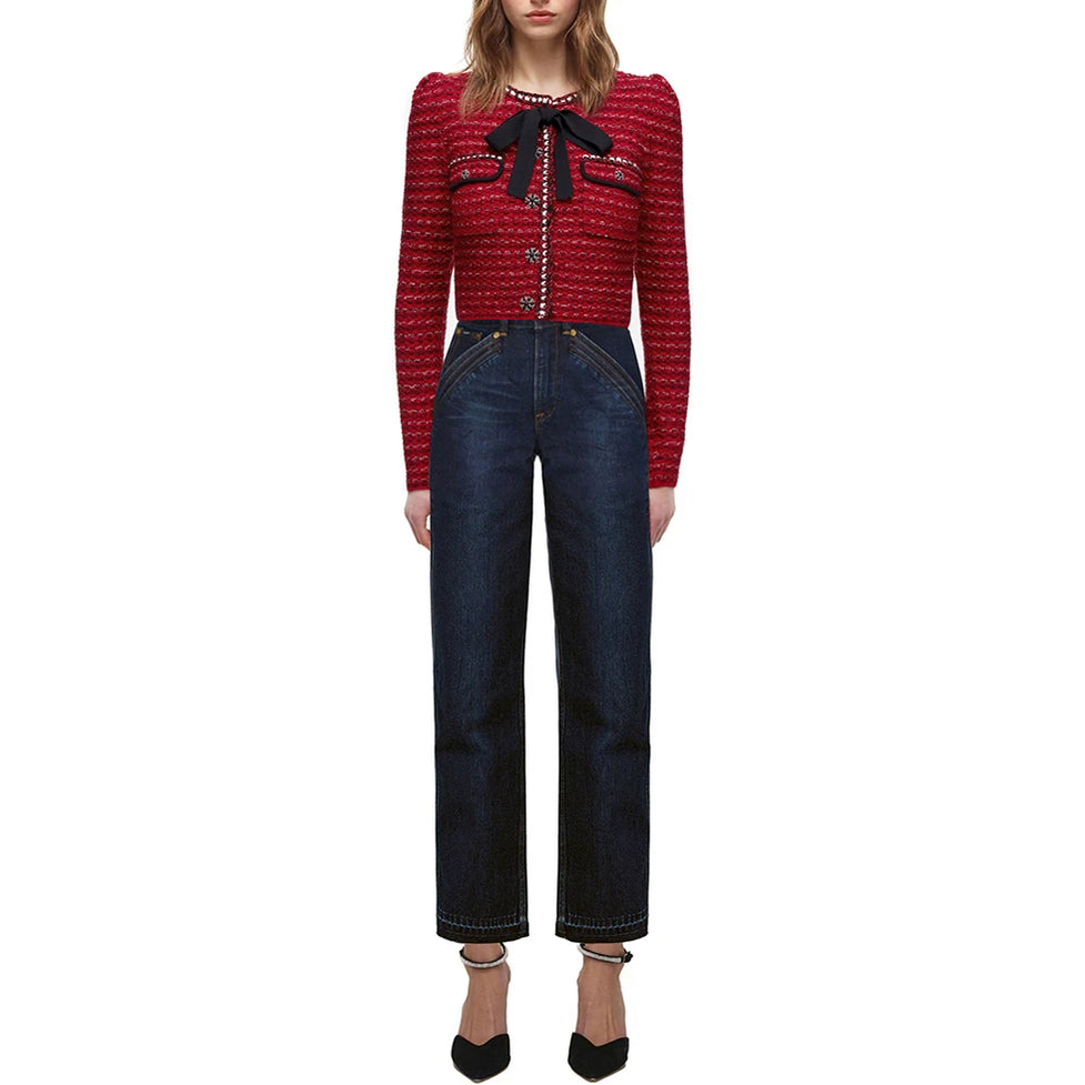 EOS Tweed Wool Knitted Cardigan Casual Slim Thickened Outer Sweater Bow Short Jacket 2023 Spring New Arrival Ladies