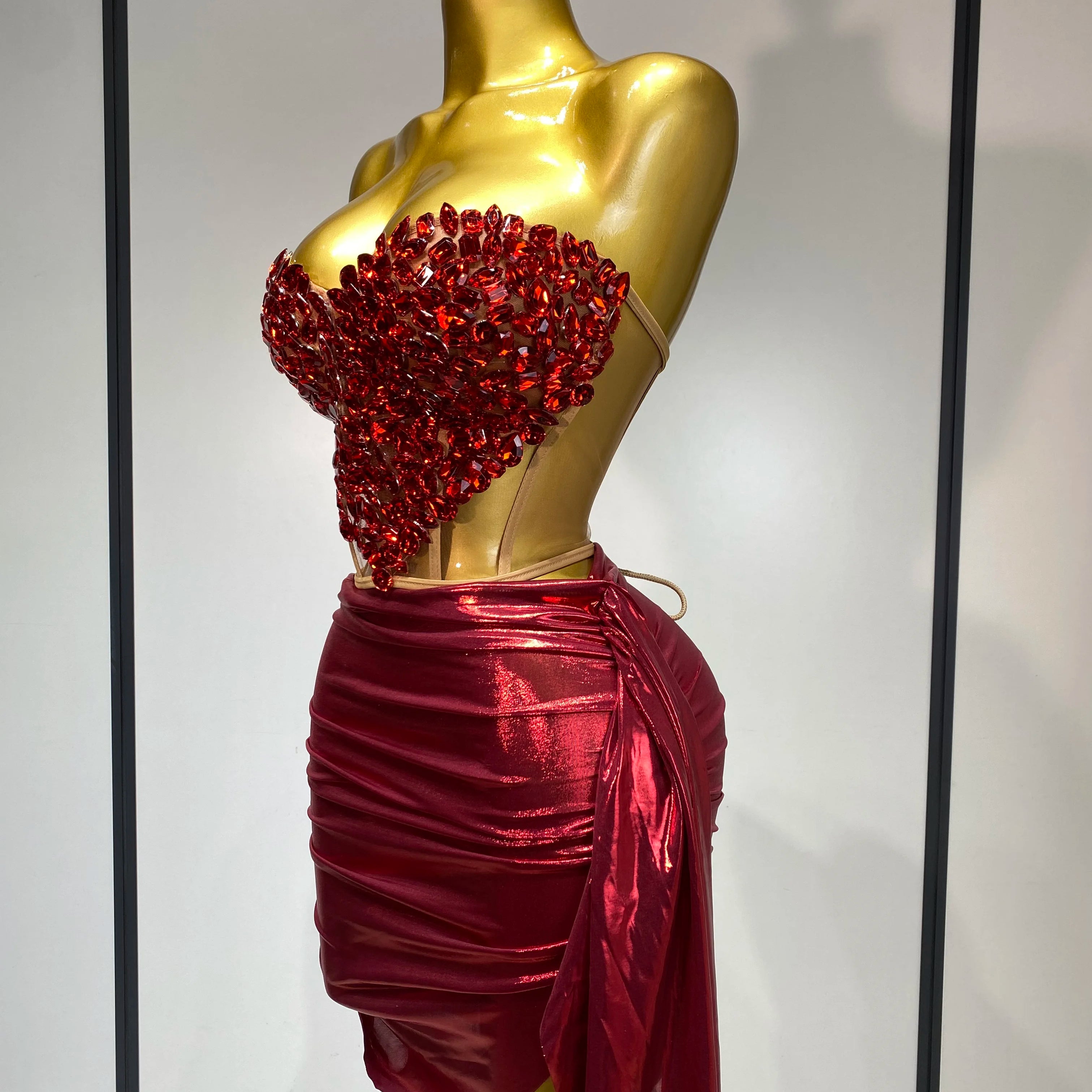 Sparkly Red Diamond Sexy Top Two Pieces Set Women Celebrate Party Luxury Birthday Nightclub Performance Dancer Stage Outfit