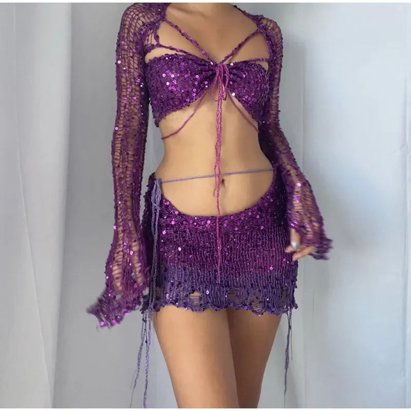 Sequins Knitted Hollow Out Two Piece Set Women Long Sleeve Cropped Top Midi Bodycon Skirt Summer Chic Beach Female Outfits Purple
