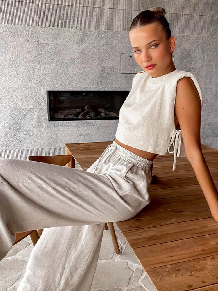 Casual Linen Lace Up Hollow Out Top Pants Sets Women O-neck Sleeveless Crop Tank Drawstring Trouser Suits Female Beach Outfits khaki