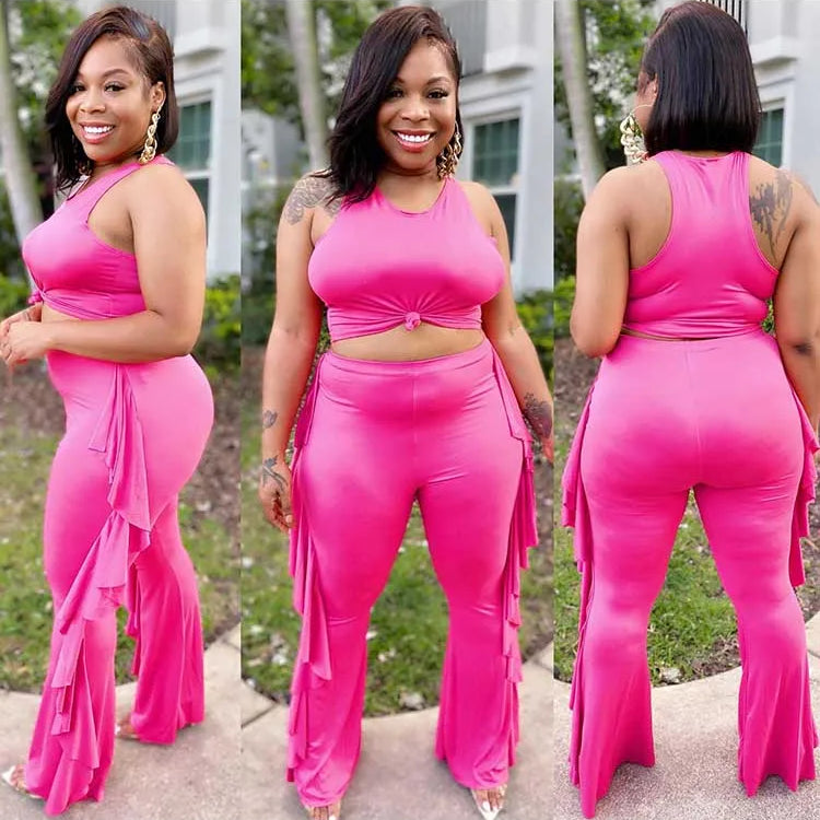 Style Plus Size Women Clothing Summer Two-piece Set Solid Color Tank Top Ruffle Pant Set Lady Trendy Suit Wholesale Dropshipping