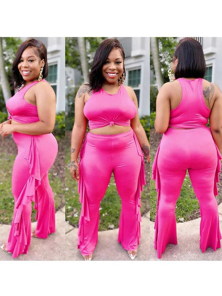 Style Plus Size Women Clothing Summer Two-piece Set Solid Color Tank Top Ruffle Pant Set Lady Trendy Suit Wholesale Dropshipping