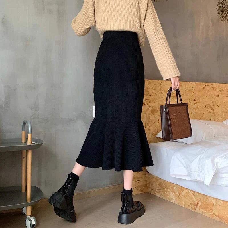 Fashion High Waist Midi Skirts for Women Spring Slim Fit Hip Mermaid Skirt Woman Korean Ruffles Brown Skirts 2XL