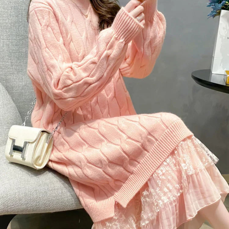 Dresses for Women Korean Oversized Sweater Women Maxi Dress O-Neck Elegant Commute Party Fashion Women's Wear Knit Dress Pink