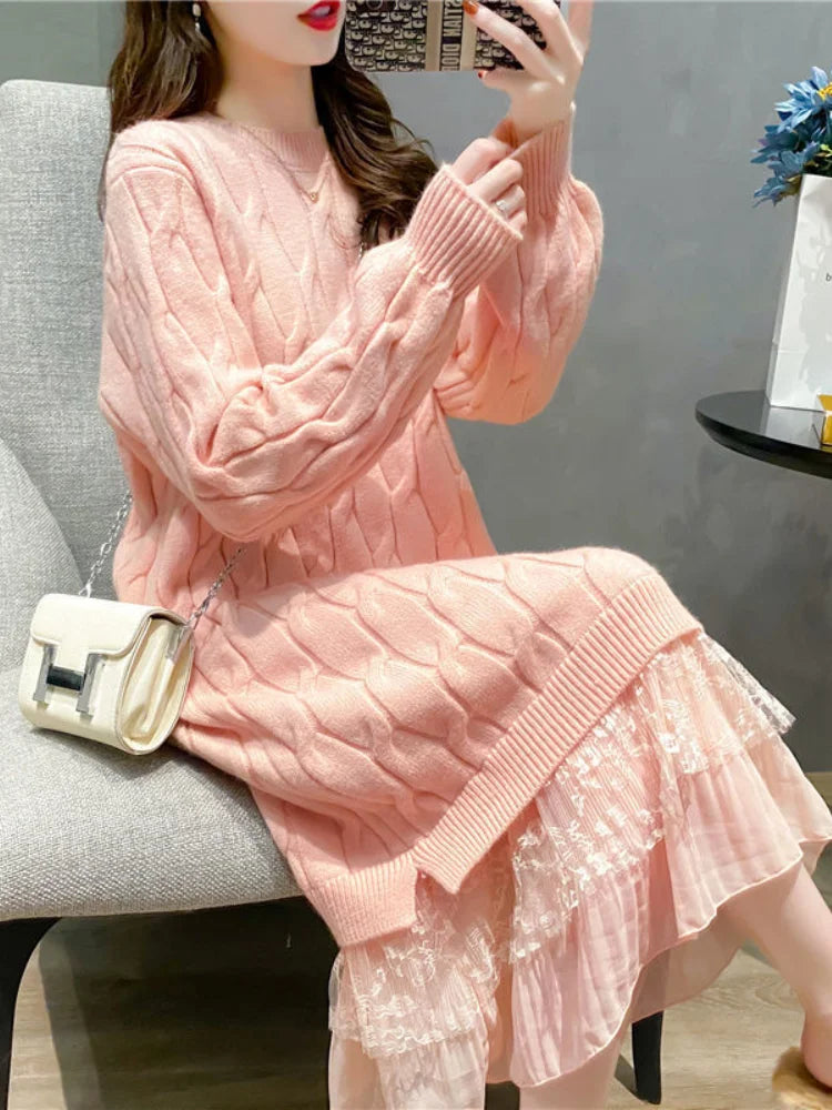 Dresses for Women Korean Oversized Sweater Women Maxi Dress O-Neck Elegant Commute Party Fashion Women's Wear Knit Dress Pink