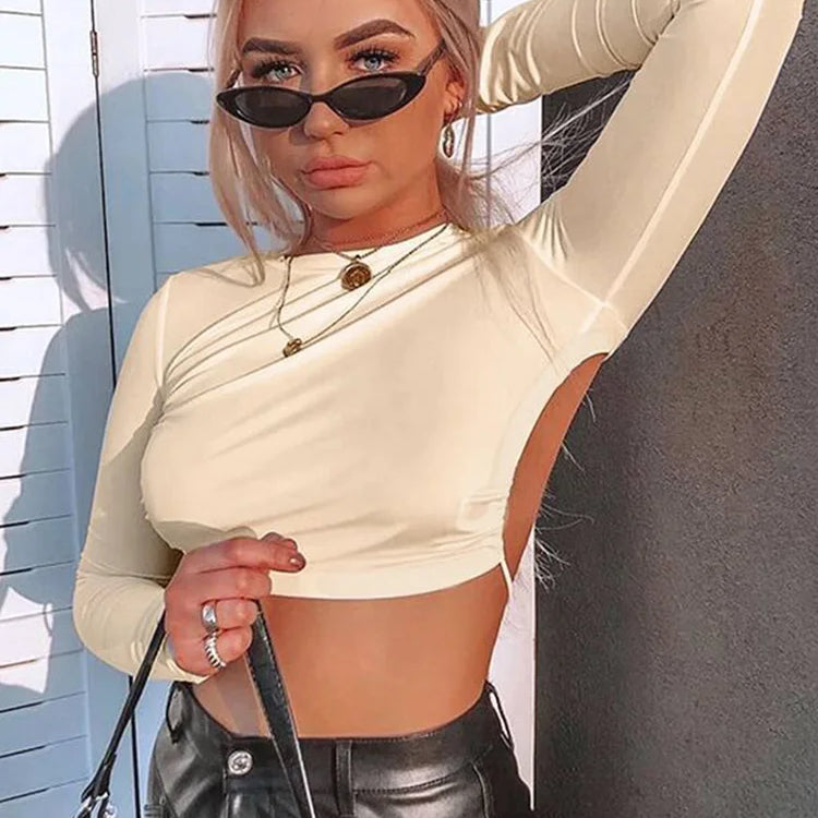 Women Sexy Harajuku Open Back T-shirt Long Sleeve Top Cropped Tops Women T-shirt Summer Casual Tops White Fashion T-shirt 2022 Beige