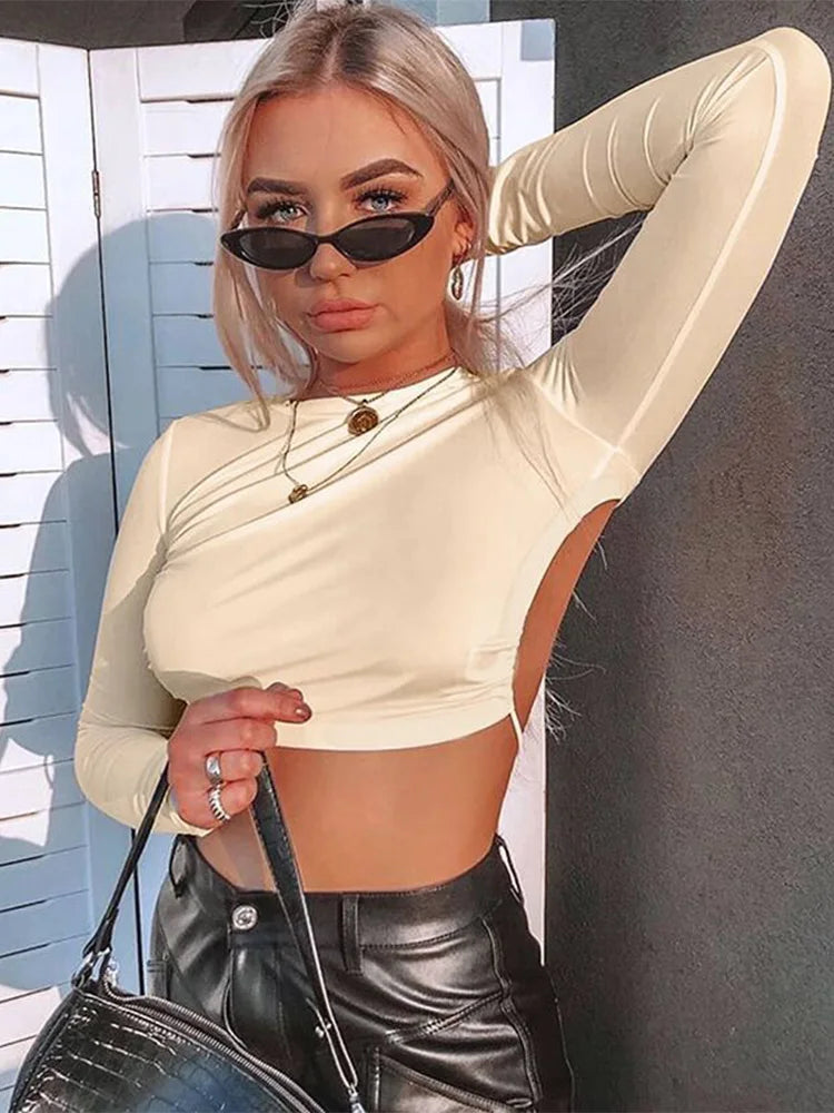 Women Sexy Harajuku Open Back T-shirt Long Sleeve Top Cropped Tops Women T-shirt Summer Casual Tops White Fashion T-shirt 2022 Beige