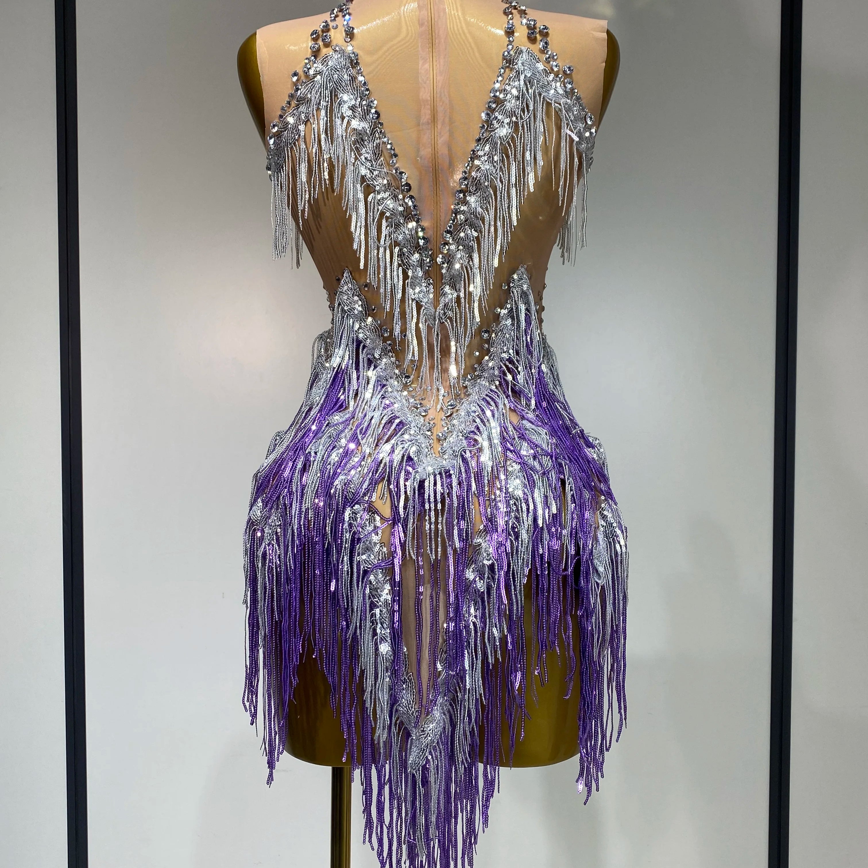 Luxury Rhinestone Tassel Sexy Women Short Latino Dance Dress Birthday Nightclub Bar Sleeveless Sparkly Performance Stage Outfit