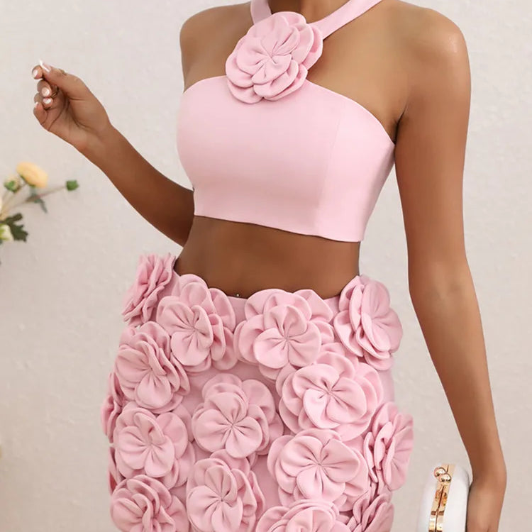 Women Celebrity Sexy Tank Flower Backless Pink Mini Summer Skirt Set 2024 Elegant Evening Club Party Outfits