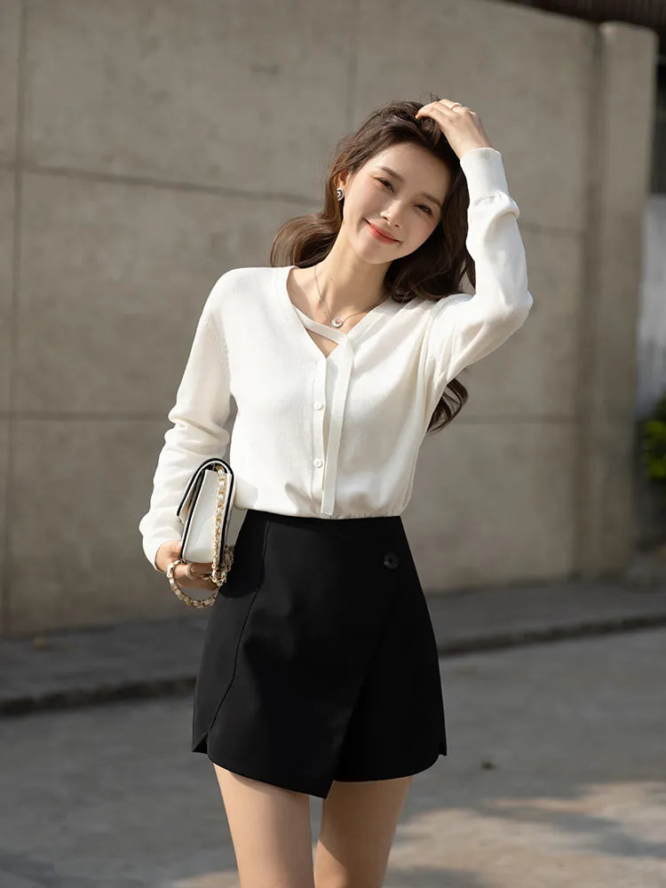Sweater for Women Spring Long Sleeve New Elegant Fashion Knitted Shirts Female Cardigans White F
