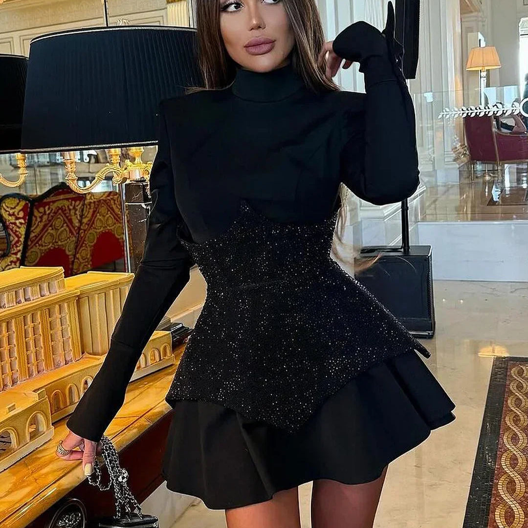 Arrival Black Red Women Long Sleeve Shinning Rhinestones A-Line Mini Dress Christmas Nightclub Party Celebrate Dress