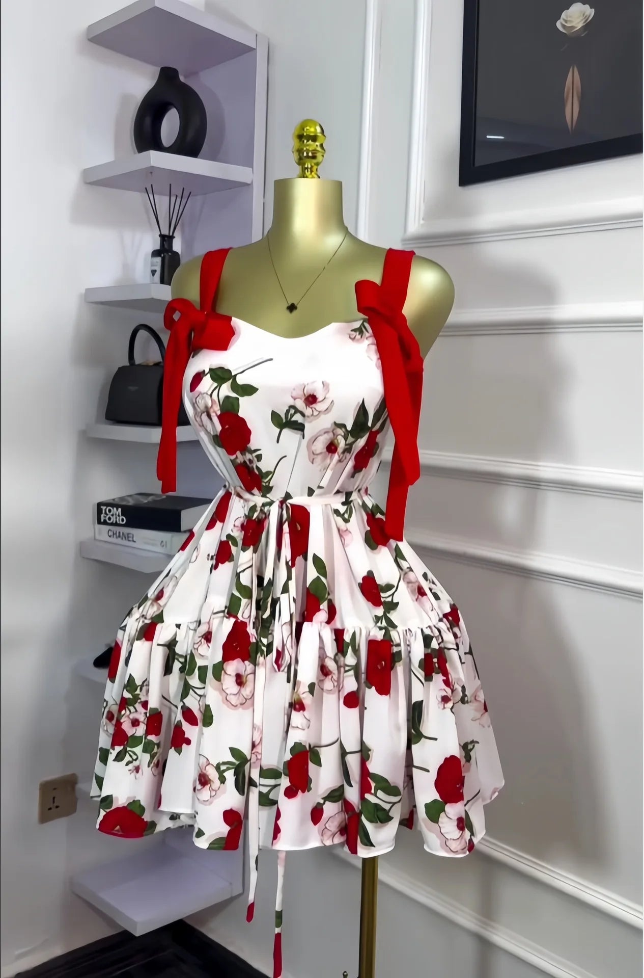 CM.YAYA Women Floral Printed Flare Sleeveless Bow Strap Belt Mini Dress 2025 Evening Sexy Beach Party Birthday Street Dresses
