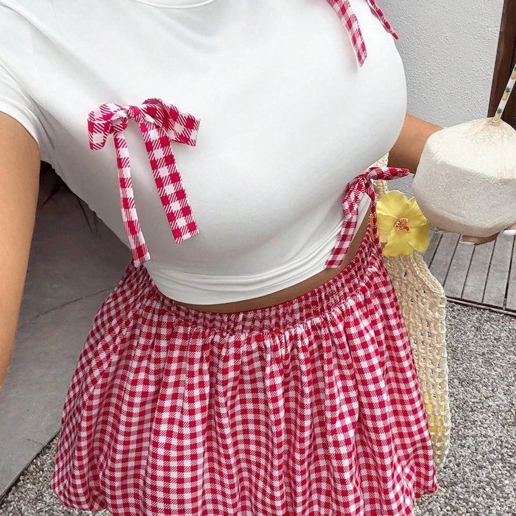 Plus size vacation spring and summer Spice Girls Plaid Butterfly Knot Short Sleeve Pod Skirt Slim Set Fashion
