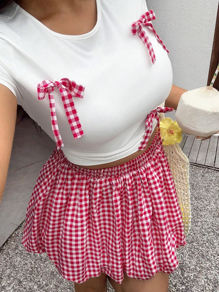 Plus size vacation spring and summer Spice Girls Plaid Butterfly Knot Short Sleeve Pod Skirt Slim Set Fashion