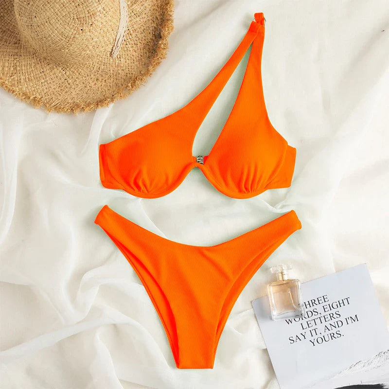 Sexy Push Up Bikini Set Women Cut Out Swimsuit Summer One Shoulder Swimwear Female Bathing Suit Beachwear Lady High Waist Bikini orange