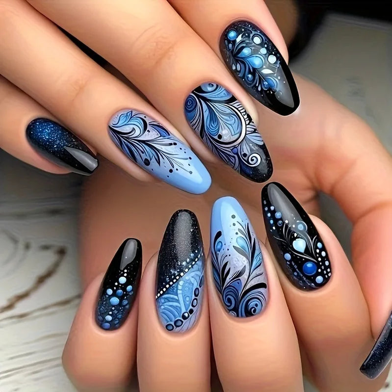 24Pcs Mid-length Almond Fake Nail with Blue Stripe Smudge Design Press on Nails for Woman Datachable Full Cover False Nails Tips