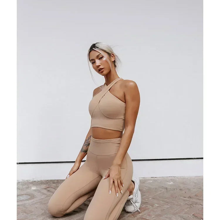 yoga suit, vest, sports bra, lingerie, women's sexy and beautiful back, cross strap fitness suit Khaki