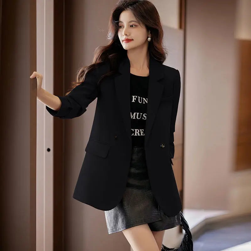 Korean Style Blazers for Women Long Sleeve Office Lady Clothing All-match Solid Minimalist Single Button Fashion Casual Notched black