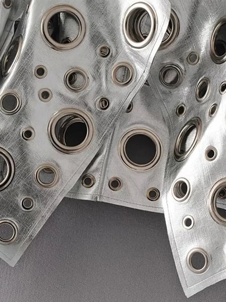 Runway Cut Out Short Faux Leather Jacket Golden Rivet Cool Stylish Designer Clothes Women European American Fashion