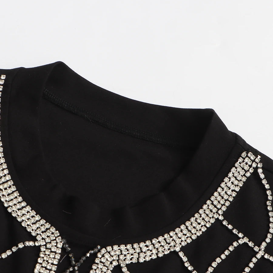 TWOTWINSTYLE Slimming Spliced Diamond Elegant T Shirts for Women Round Neck Short Sleeves Patchwork Tassels Tees Femlae Fashion