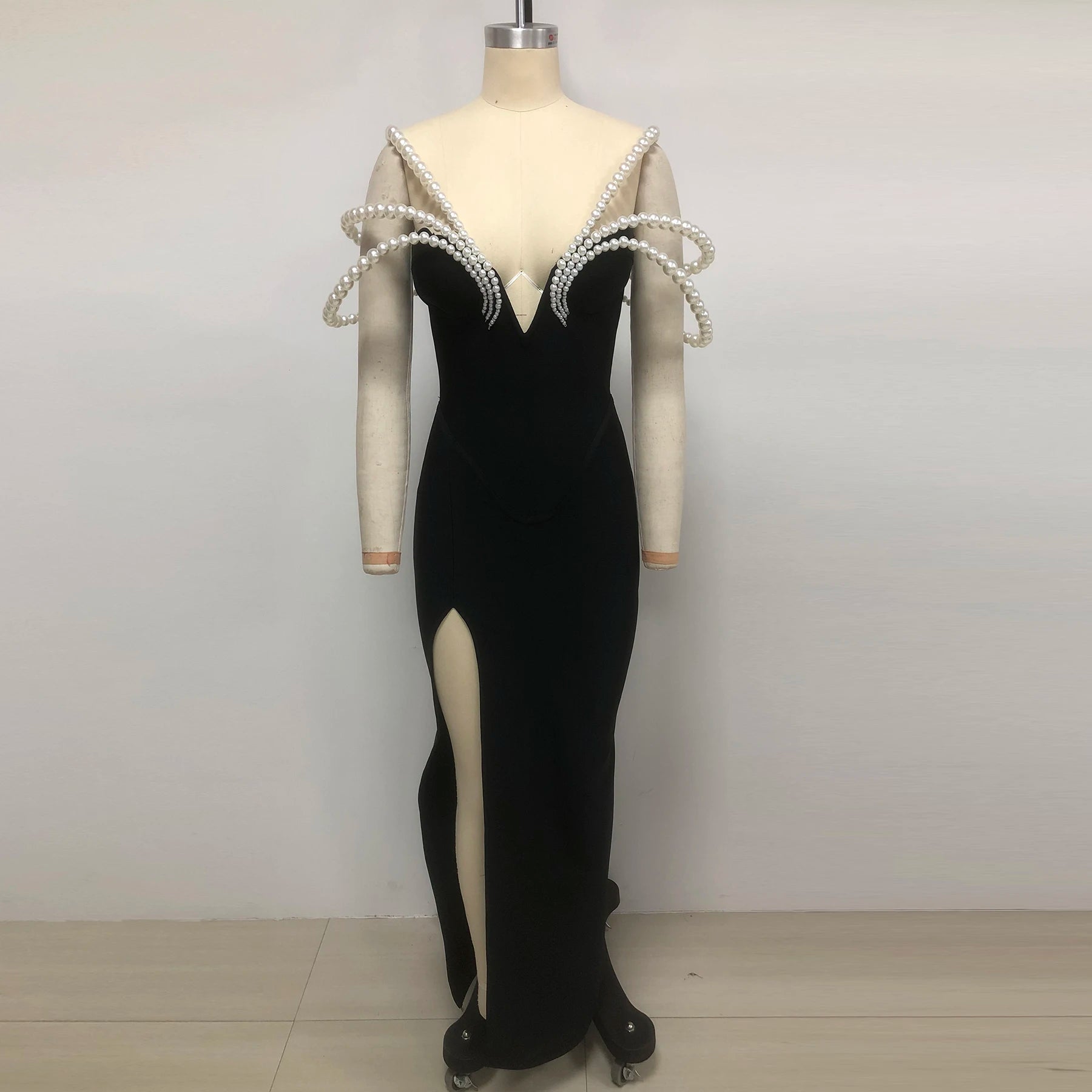 Luxury Pearl Stereoscopic Design Sexy V-Neck Package Hips Bandage Long Dress Elegant Woman Party Dress Celebrity Party Vestido