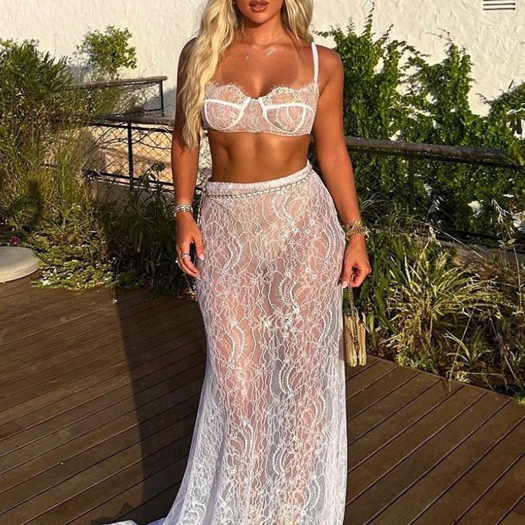 Fantoye Sexy See Through Lace Chain Women Skirt Suit White Spaghetti Strap Crop Top Print Floral Skirt Autumn New Two Piece Sets