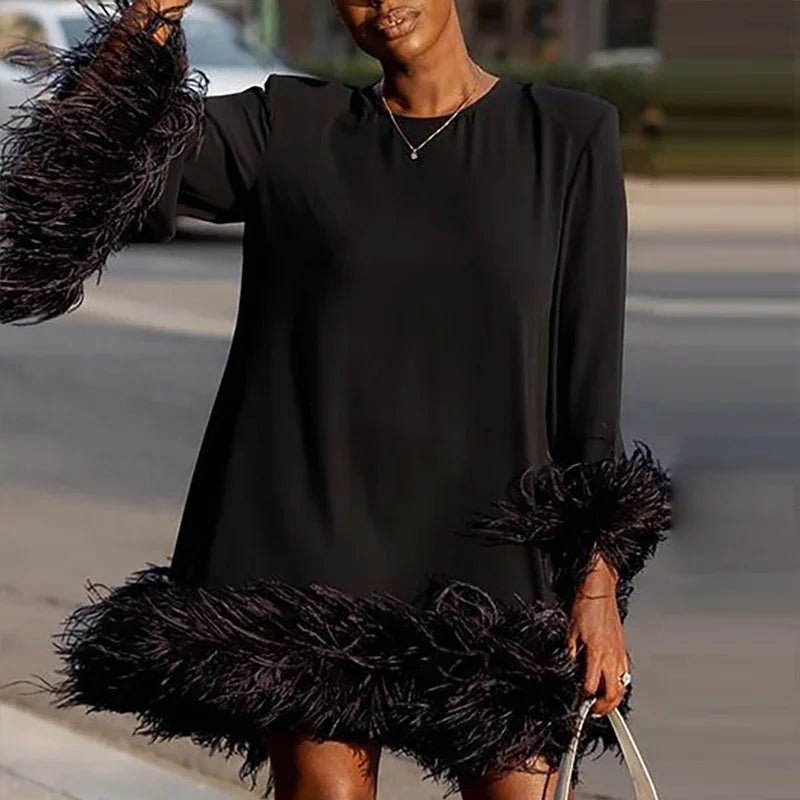 Winter Flare Sleeve Femme Pullover Dress Trendy Sexy Patchwork Feather Women Evening Dress Fall Elegant O-neck A-Line Mini Dress Black