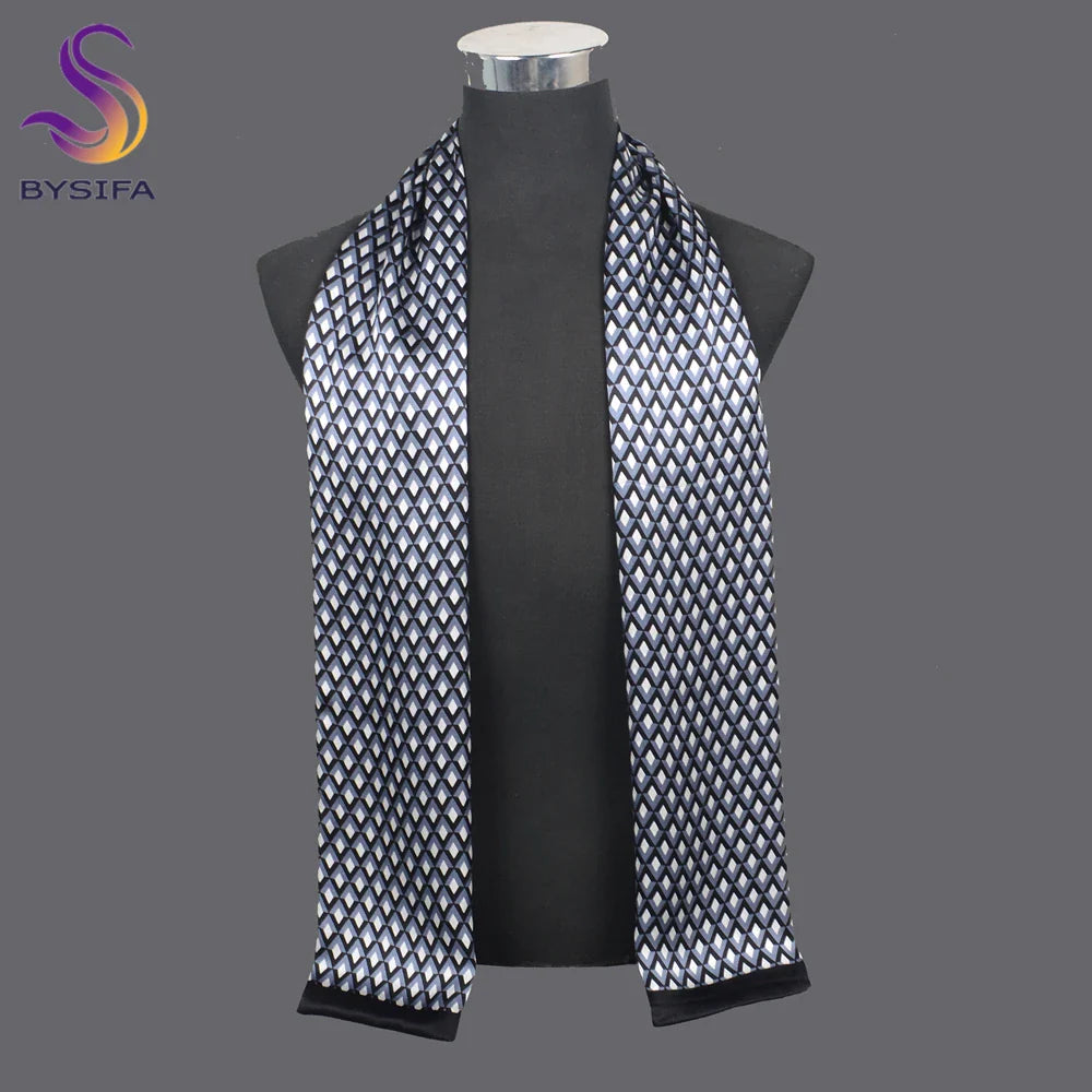 [BYSIFA] New Navy Blue Men Silk Scarf Printed Muffler Winter Brand Fashion Scarves 100% Pure Silk Male Black Long Scarves Cravat grey