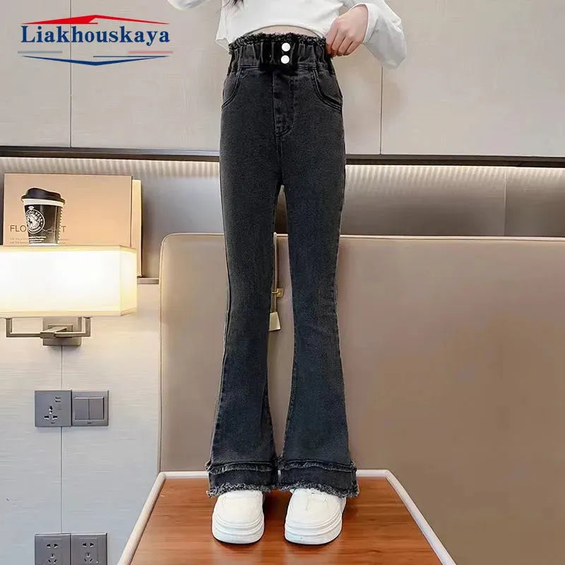 Girls Hole Sale Hanger Jeans Pants Kids Denim Trousers Casual Clothes For Teenagers Girl Spring Winter Trendy Children Clothes Bell bottoms Black