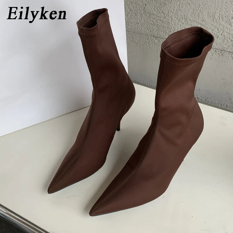 Eilyken 2025 Spring Autumn Stretch Fabric Women Ankle Boots Sexy Pointed Toe High Heels Fashion Female Socks Pumps Shoes