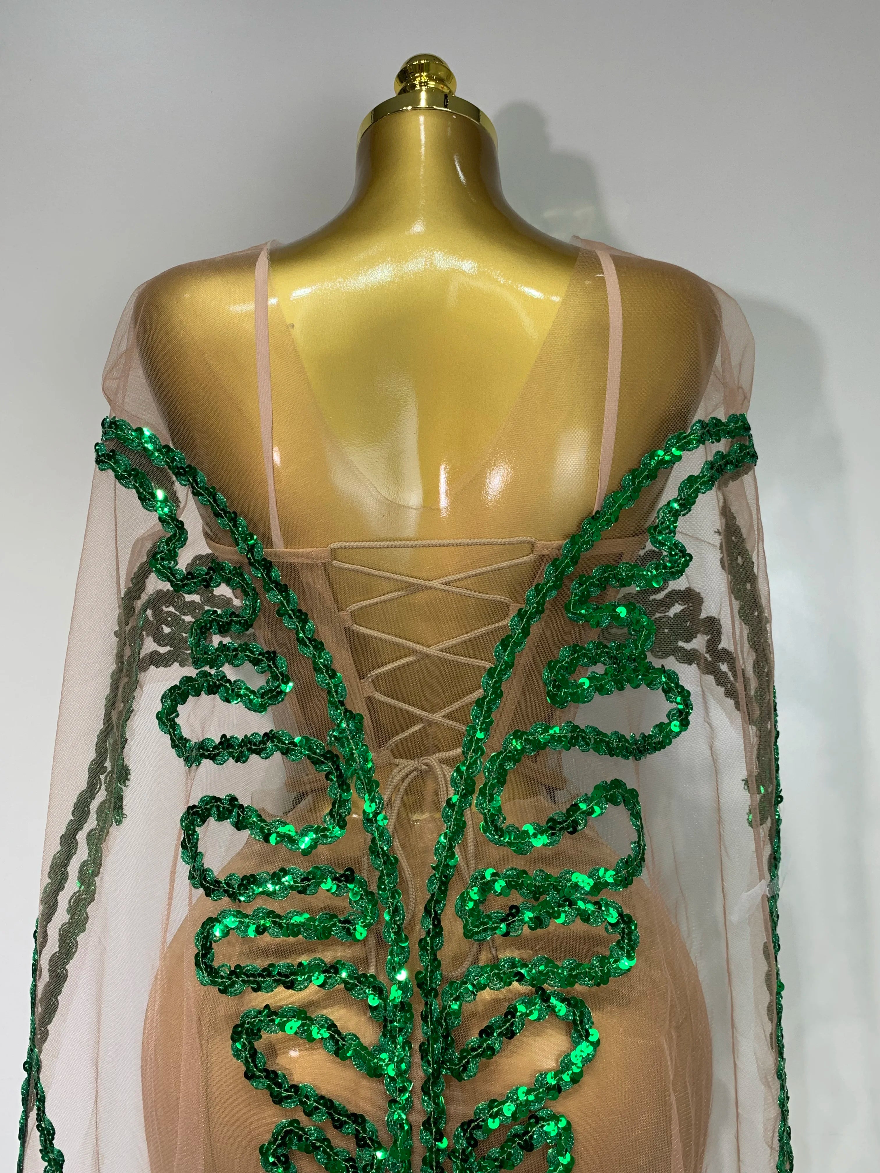 Sexy Mesh See Through Long Dress Sparkly Green Sequins Night Club Party Dress Cloak Birthday Celebrate Drag Queen Stage Costumes