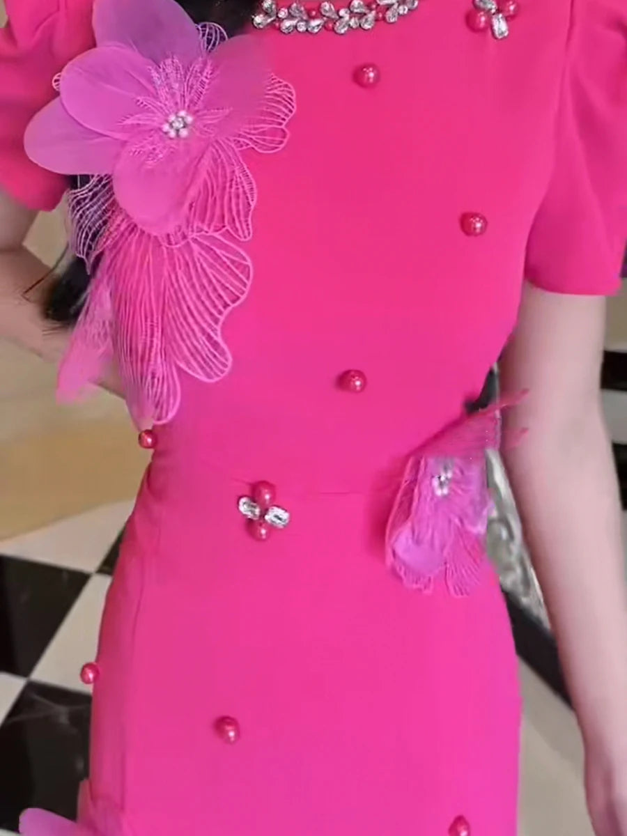 TWOTWINSTYLE Hit Color Spliced 3D Flower Elegant Dresses for Women Round Neck Short Sleeves Patchwork Folds Sheer Dress Female